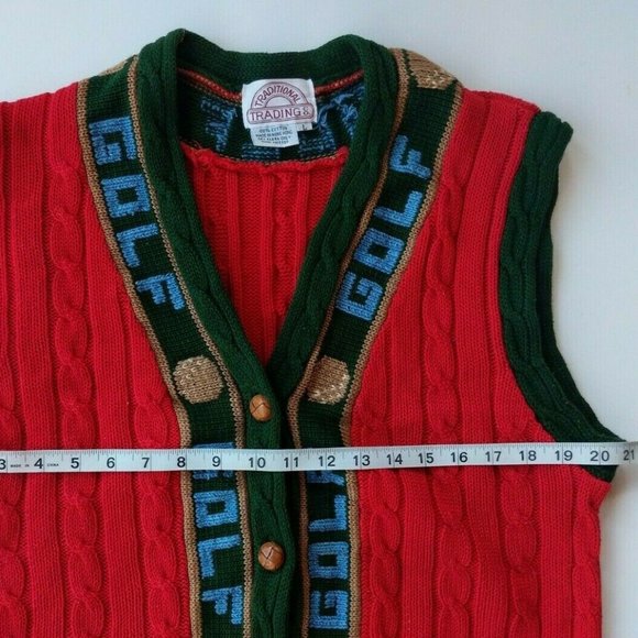 VTG Traditional Trading Co Women's Sz L Cotton Hand Knitted Golf Vest Red Green - Picture 6 of 7
